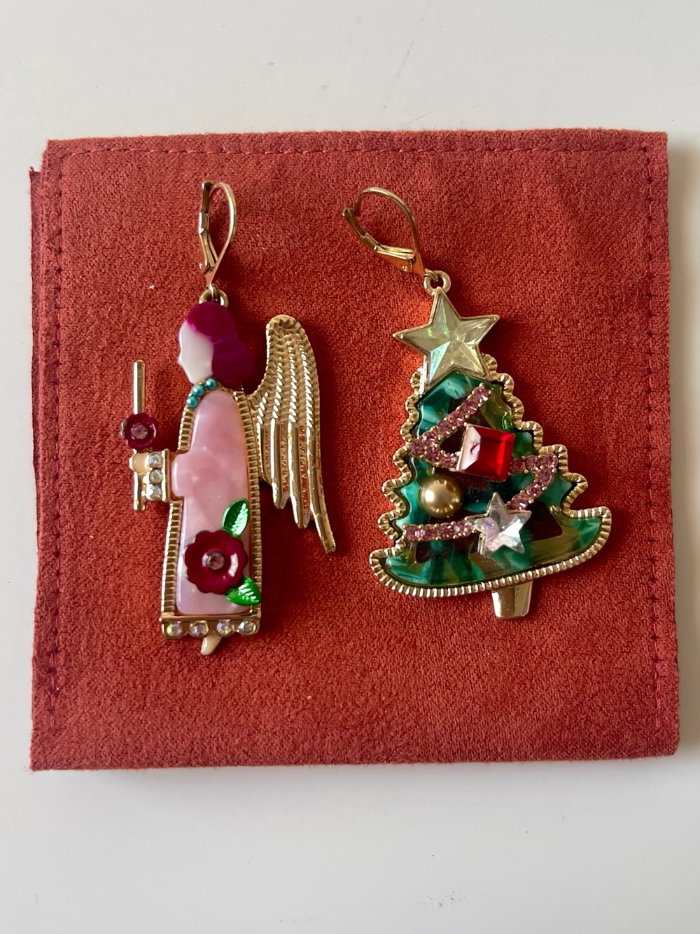 Betsey Johnson Festive Angel and Christmas Tree Dangle Gold Earrings